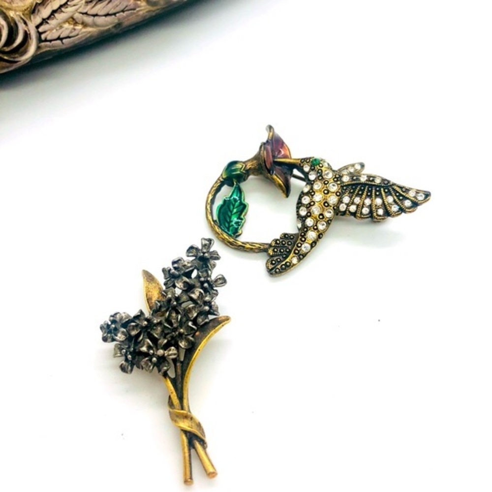 Vintage Signed ART Flower Brooch & Hummingbird Brooch